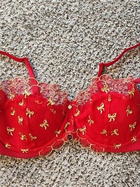 Adore Me Red Balconette Bra with Gold Embroidery